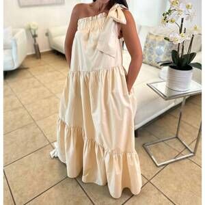 NEW BEFORE YOU COLLECTION poplin one shoulder ruffle bottom maxi dress in vanill